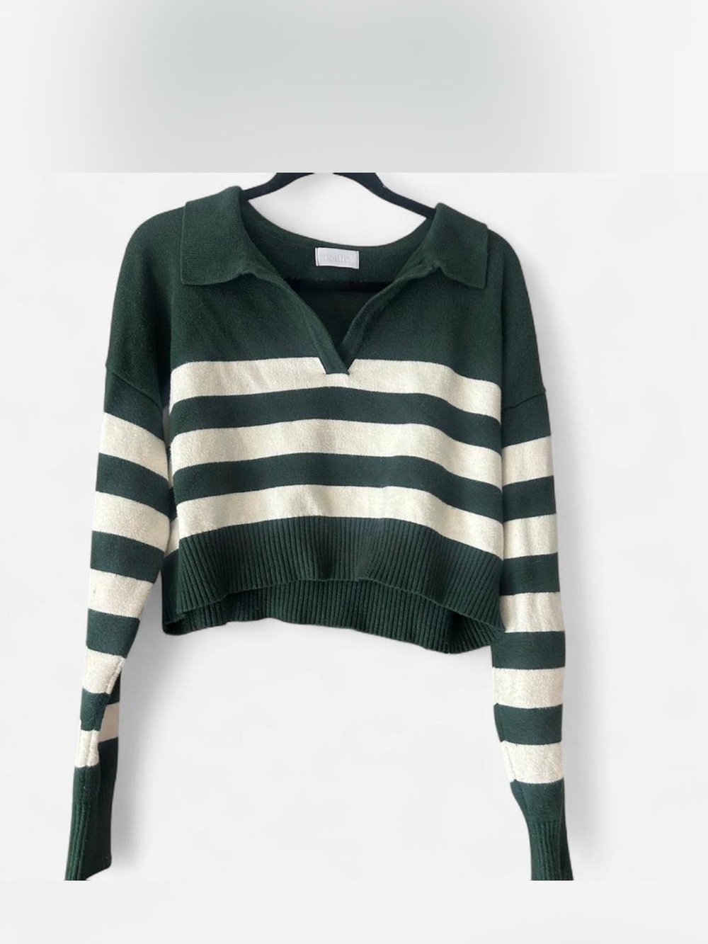 Isalis Striped Cropped Polo Sweater - Green & Cream
